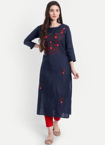 Blended Cotton Party Wear Kurti in Navy Blue Enhanced with Embroidered