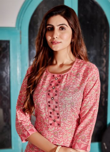 Blended Cotton Party Wear Kurti in Pink Enhanced with Foil Print