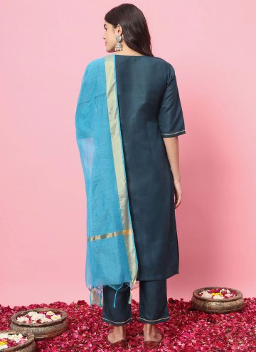 Blended Cotton Trendy Salwar Kameez in Navy Blue Enhanced with Embroidered