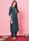 Blended Cotton Trendy Salwar Kameez in Navy Blue Enhanced with Embroidered - 2