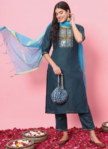 Blended Cotton Trendy Salwar Kameez in Navy Blue Enhanced with Embroidered