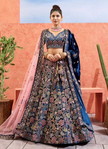 Blue A Line Lehenga Choli in Velvet with Embroidered