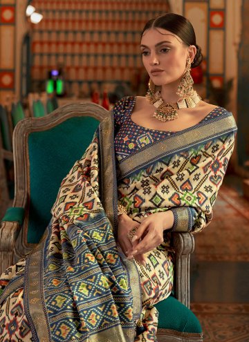 Blue and Cream Patola Silk Woven Designer Saree