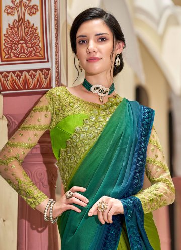 Blue and Green color Silk Contemporary Saree with Embroidered