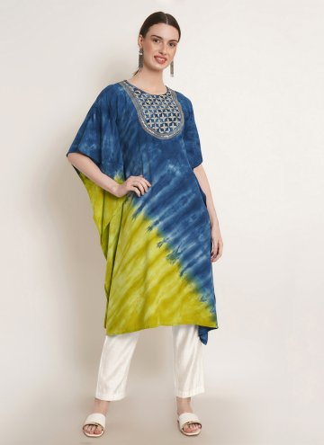 Blue and Green Rayon Printed Designer Kurti for Ceremonial