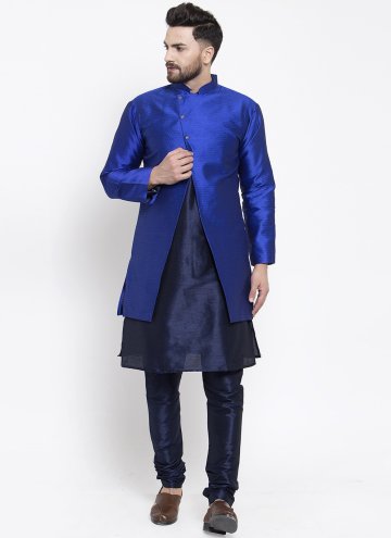 Blue and Navy Blue Art Dupion Silk Fancy work Kurta Payjama With Jacket for Ceremonial