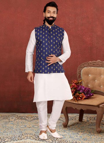 Blue and Off White color Jacquard Work Cotton  Kur