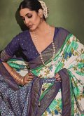 Blue and Off White Tussar Silk Printed Contemporary Saree for Casual - 1