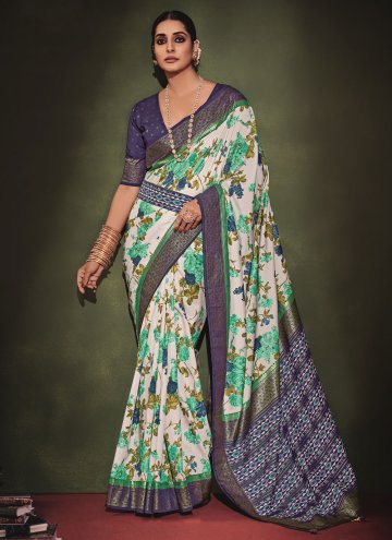 Blue and Off White Tussar Silk Printed Contemporary Saree for Casual