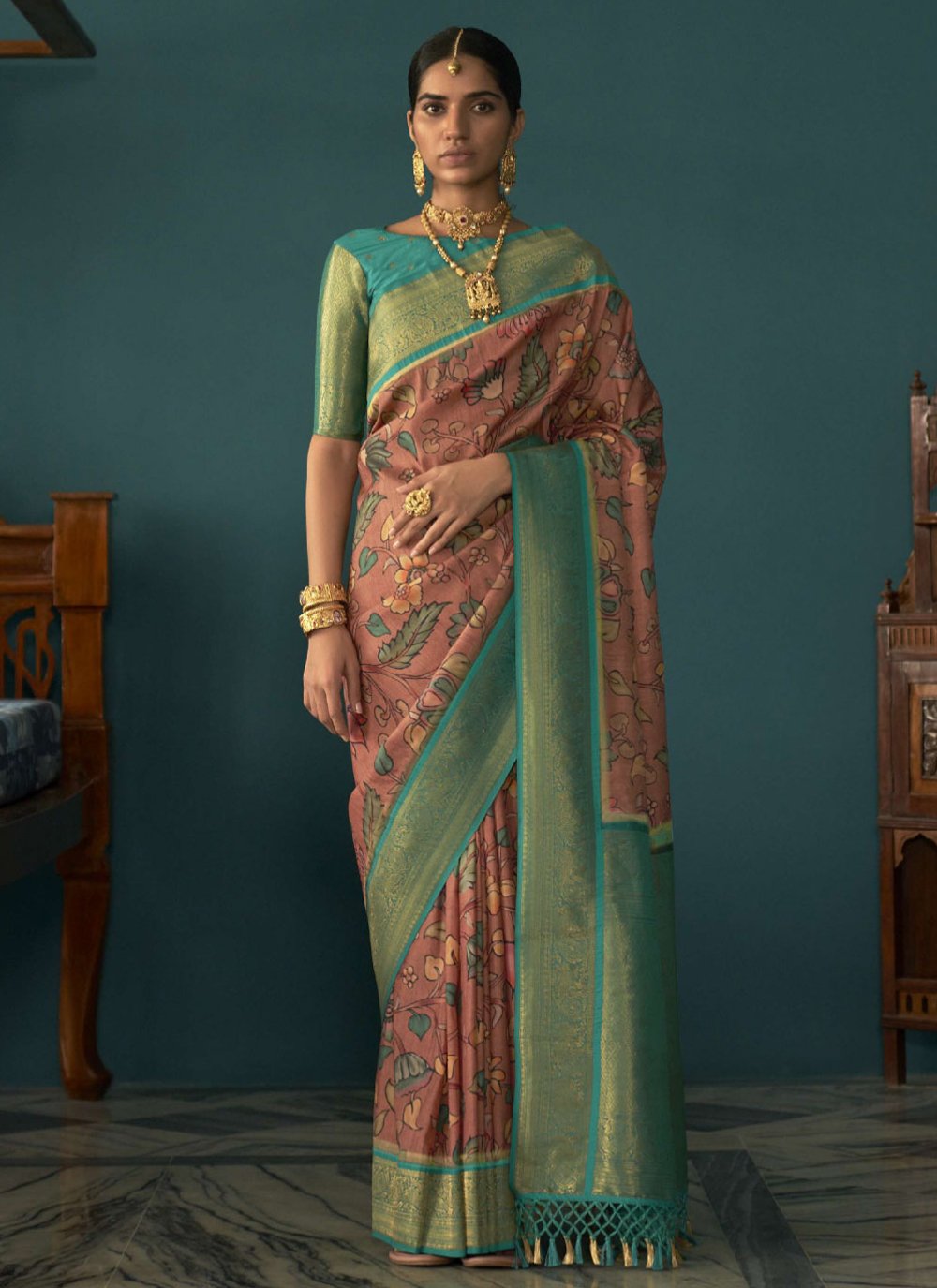 Blue and Peach Tussar Silk Floral Print Traditional Saree for Engagement