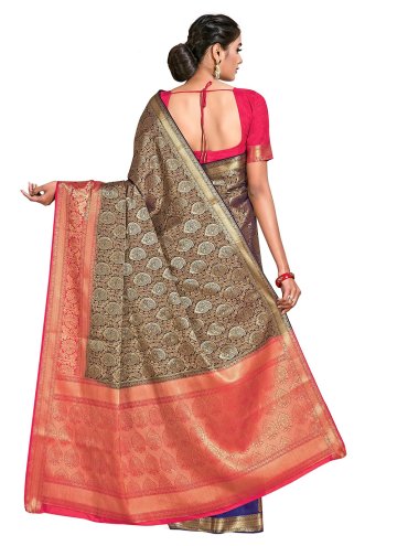 Blue and Pink color Kanjivaram Silk Designer Saree with Woven