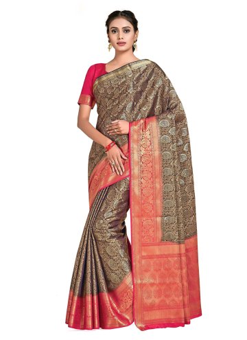 Blue and Pink color Kanjivaram Silk Designer Saree with Woven