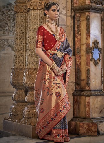 Blue and Red color Banarasi Classic Designer Saree with Woven