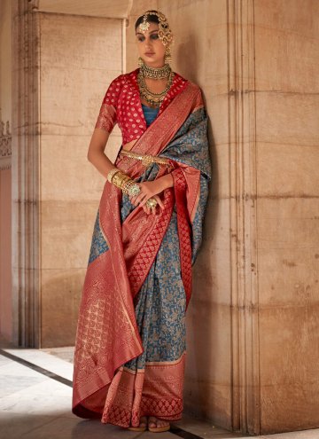 Blue and Red Designer Saree in Banarasi with Woven