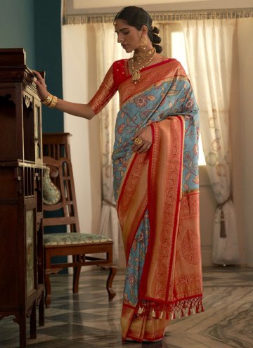 Blue and Red Tussar Silk Floral Print Contemporary Saree