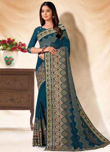 Blue and Teal Contemporary Saree in Georgette with