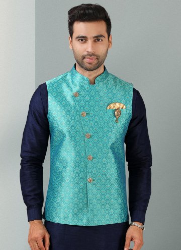 Blue and Turquoise color Banarasi Kurta Payjama With Jacket with Embroidered