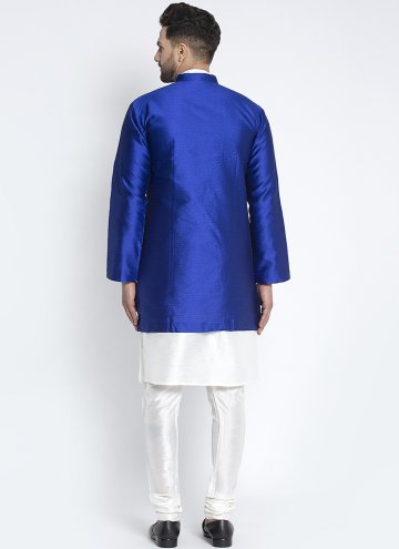 Blue and White Art Dupion Silk Fancy work Kurta Payjama With Jacket for Ceremonial