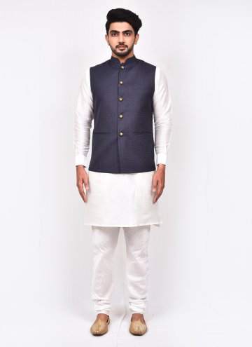 Blue and White Art Silk Buttons Kurta Payjama With Jacket for Ceremonial