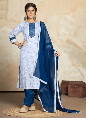 Blue and White Blended Cotton Digital Print Pant Style Suit
