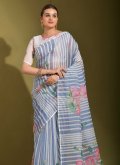 Blue and White color Linen Classic Designer Saree with Printed - 2