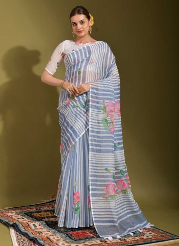Blue and White color Linen Classic Designer Saree with Printed