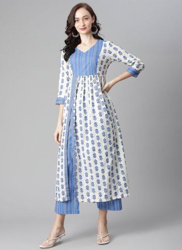 Blue and White Cotton  Printed Casual Kurti