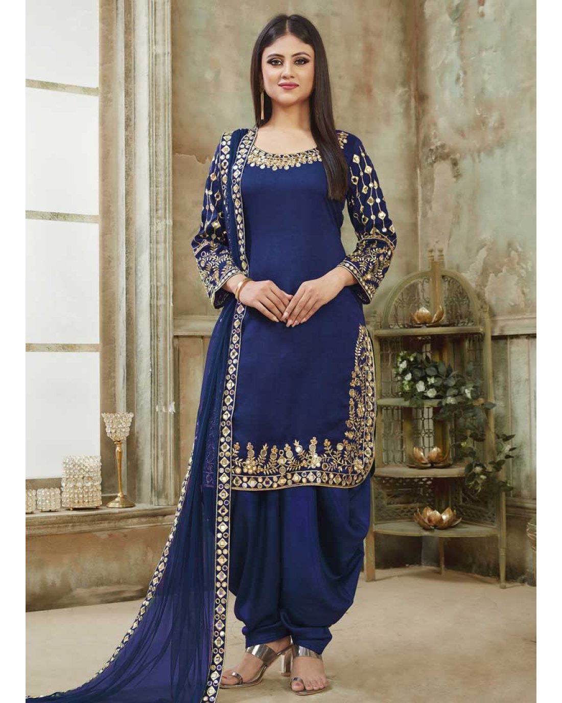 Blue Art Silk Embroidered Designer Patiala Salwar Kameez
