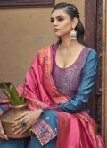 Blue Banarasi Embroidered Pant Style Suit for Festival - 1