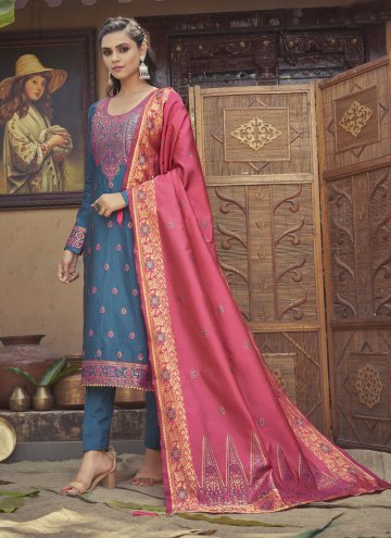 Blue Banarasi Embroidered Pant Style Suit for Fest