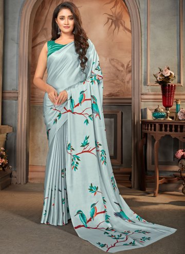Blue Casual Saree in Faux Crepe with Print