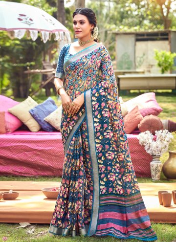 Blue Casual Saree in Linen with Printed