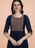 Blue Chanderi Embroidered Pant Style Suit - 3