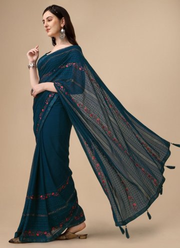 Blue Classic Designer Saree in Chiffon with Embroidered