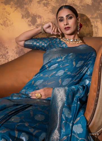 Blue Classic Designer Saree in Cotton  with Woven