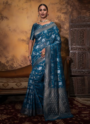 Blue Classic Designer Saree in Cotton  with Woven