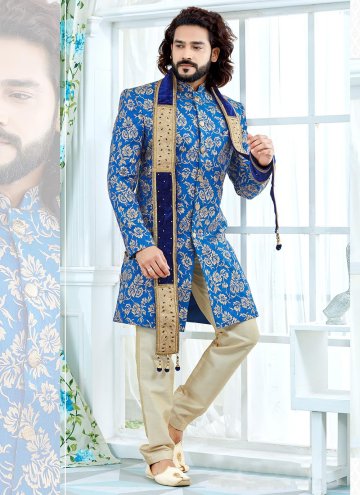 Blue color Banglori Silk Indo Western Sherwani with Embroidered