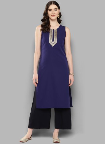 Blue color Blended Cotton Party Wear Kurti with Embroidered