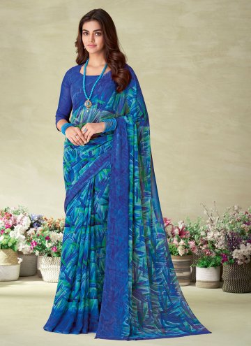Blue color Chiffon Designer Saree with Printed