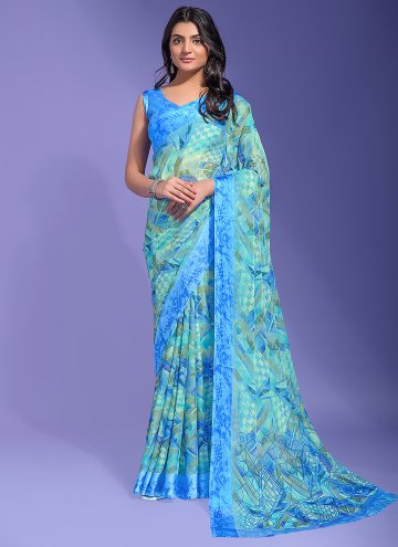 Blue color Chiffon Trendy Saree with Printed