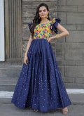 Blue color Chinon Gown with Embroidered - 1