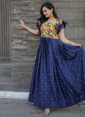 Blue color Chinon Gown with Embroidered - 2
