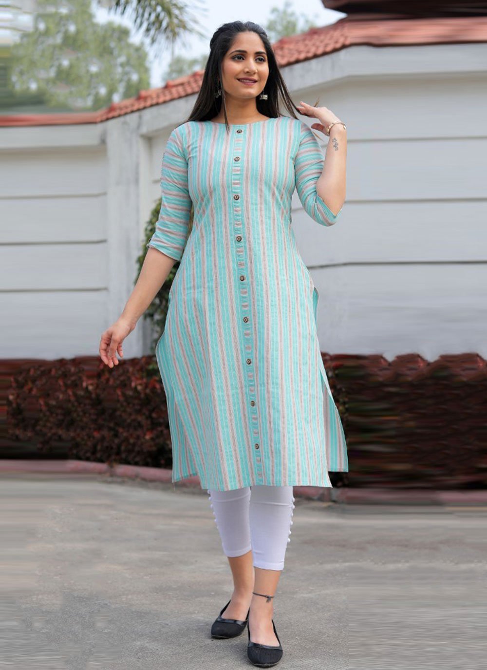 Blue color Cotton  Casual Kurti with Strips Print