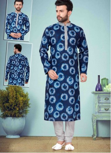 Blue color Cotton Silk Kurta Pyjama with Printed