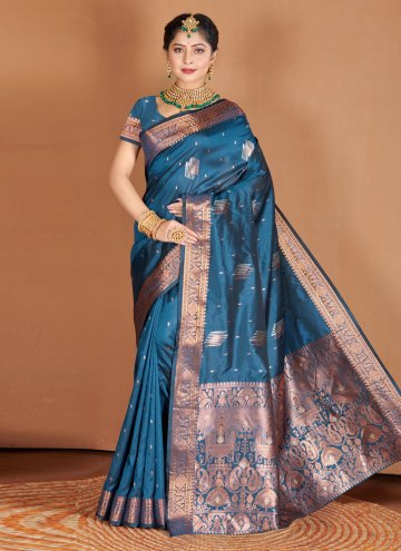 Blue color Embroidered Banarasi Traditional Saree