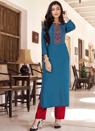 Blue color Embroidered Cotton  Casual Kurti