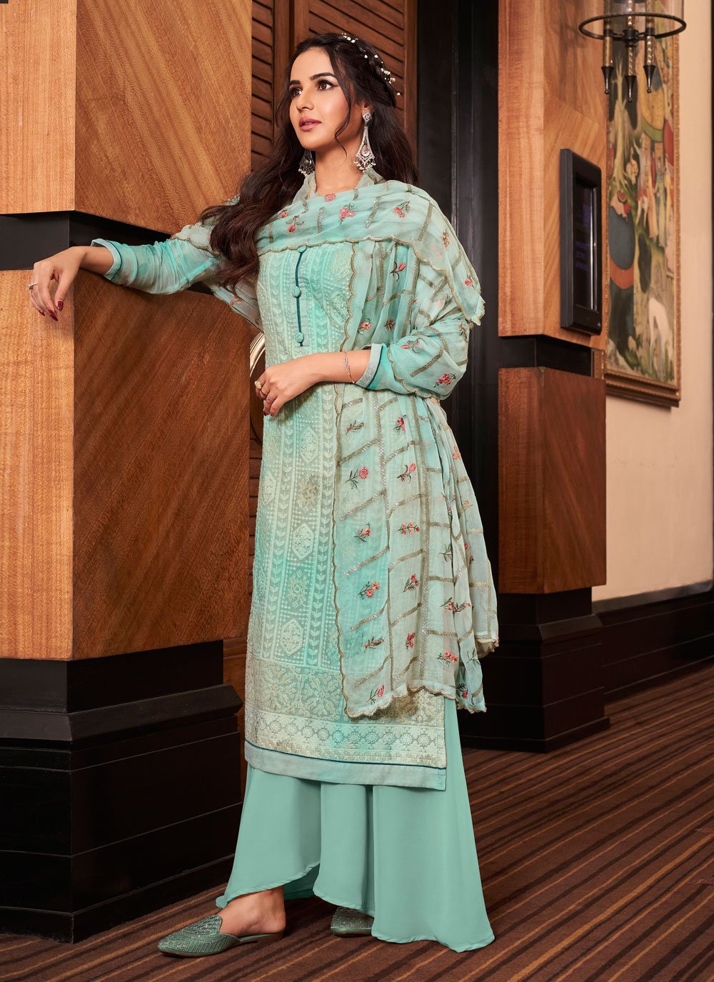 Blue color Embroidered Faux Georgette Designer Pakistani Salwar Suit