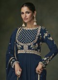 Blue color Embroidered Silk Readymade Designer Gown - 2