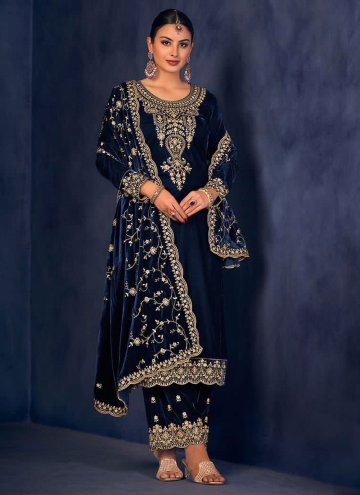 Cyan Color Function Wear Digital Print Palazzo Salwar Suit In Velvet F
