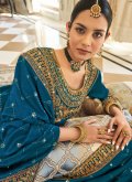 Blue color Embroidered Vichitra Silk Pakistani Suit - 1